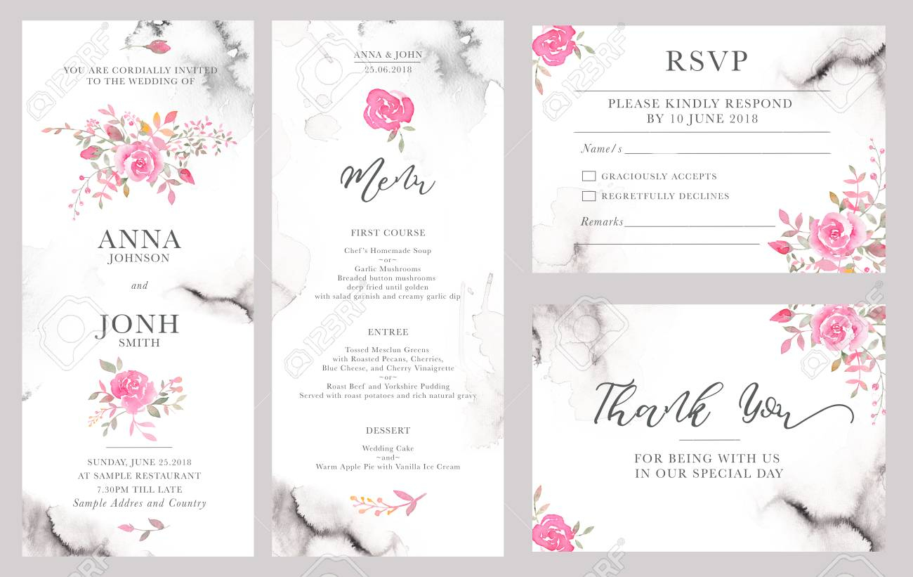 Set Of Wedding Invitation Card Templates With Watercolor Rose for measurements 1300 X 821