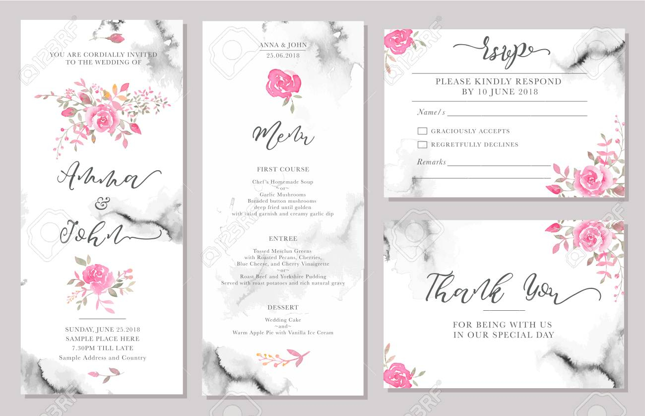 Set Of Wedding Invitation Card Templates With Watercolor Rose in size 1300 X 838