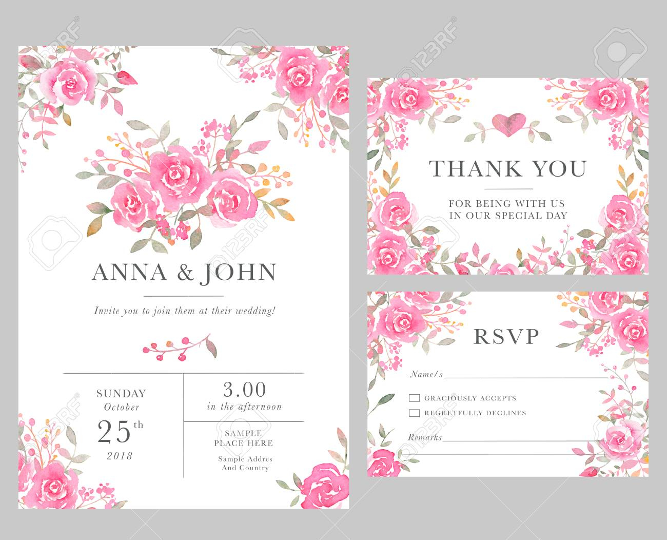 Set Of Wedding Invitation Card Templates With Watercolor Rose inside size 1300 X 1052