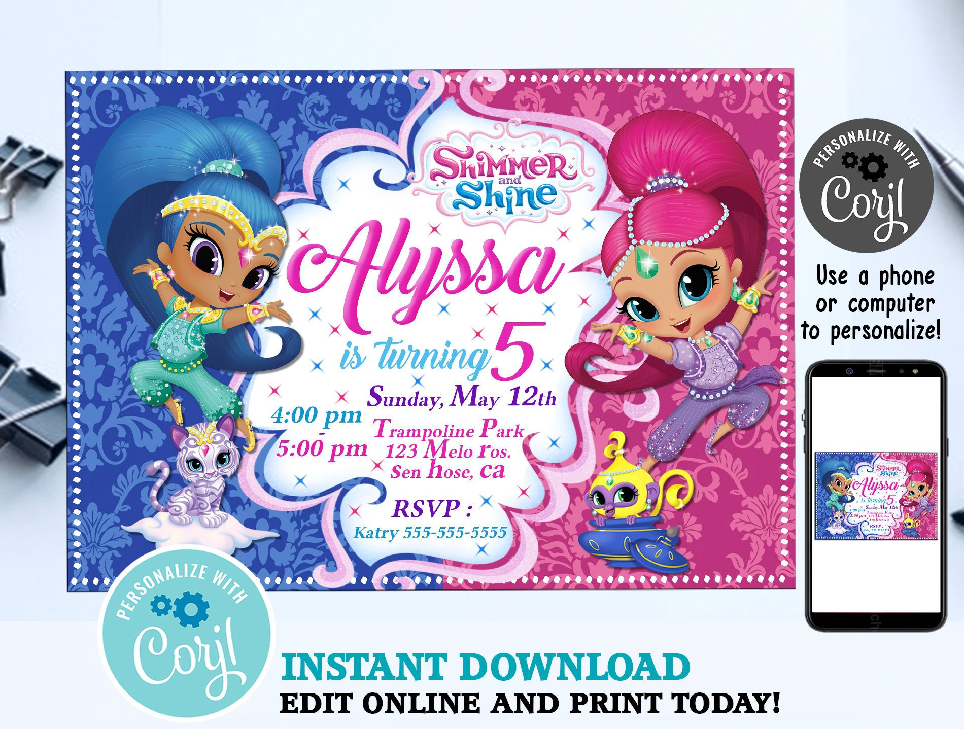 Shimmer And Shine Birthday Invitation Template Invitation with measurements 1900 X 1437