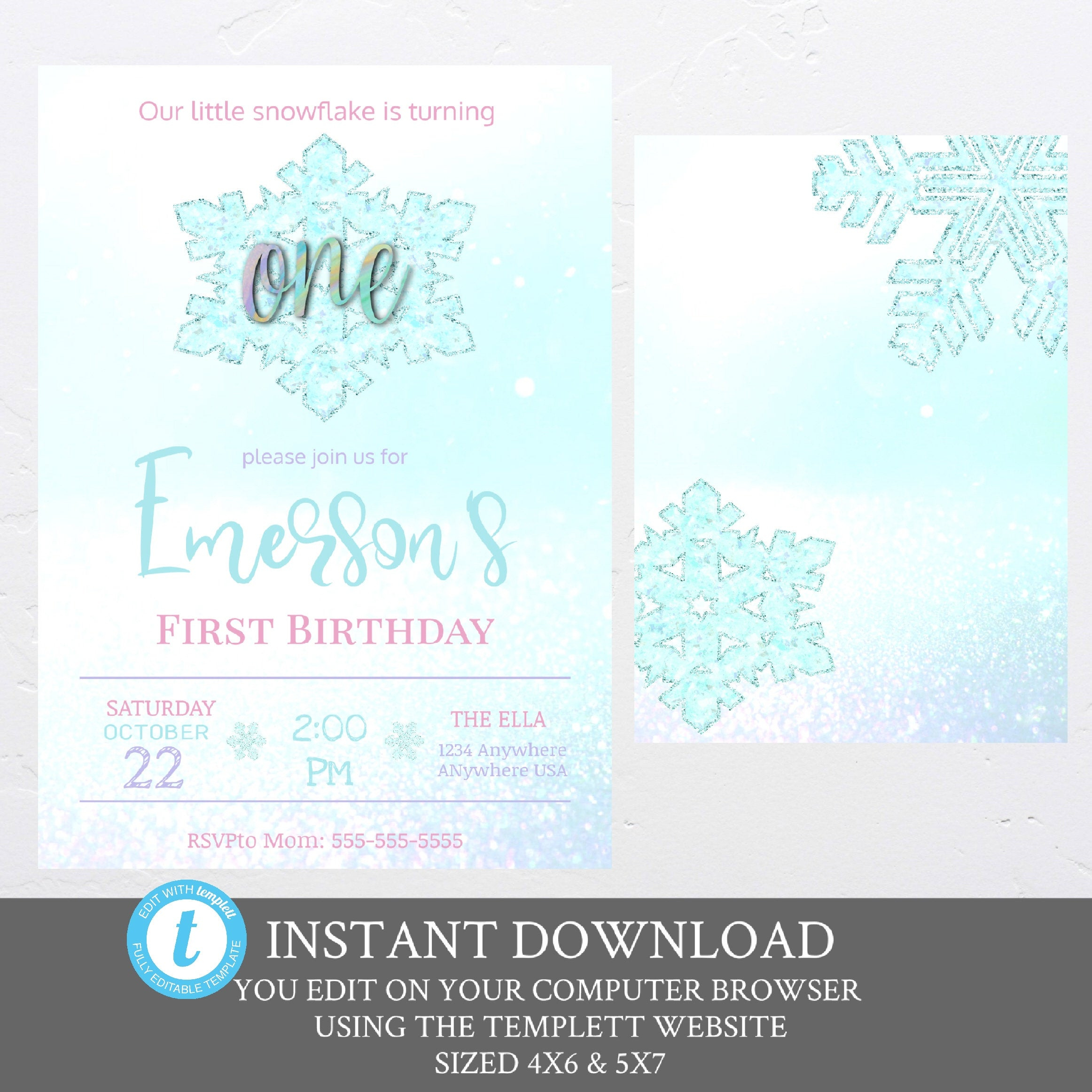 Snowflake Birthday Invitation Mint Rainbow Our Little Etsy with regard to sizing 2324 X 2324