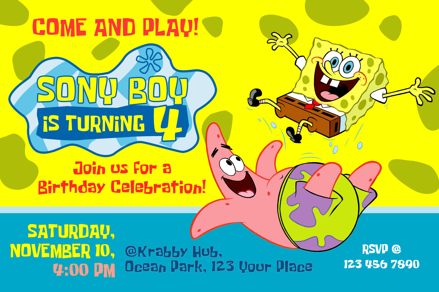 Spongebob Squarepants Birthday Invitation Dioskouri Designs pertaining to size 1800 X 1200