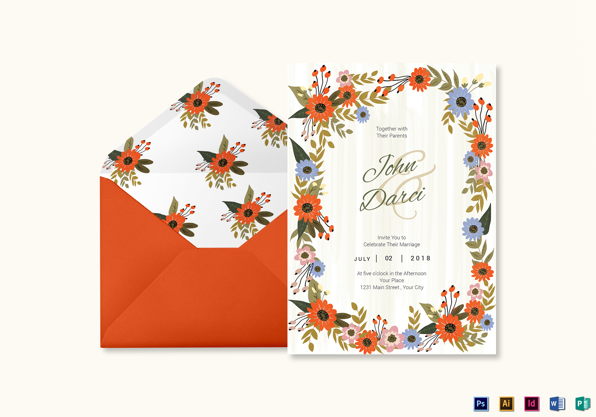 Summer Floral Wedding Invitation Card Design Template In Illustrator in size 1920 X 1344