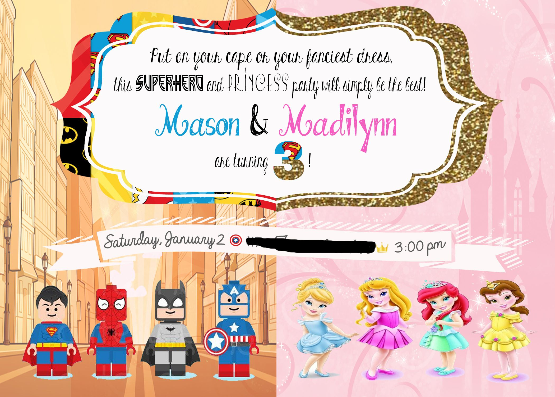 Superhero And Princess Twin Birthday Party Invitation Our Boygirl with regard to measurements 2100 X 1500