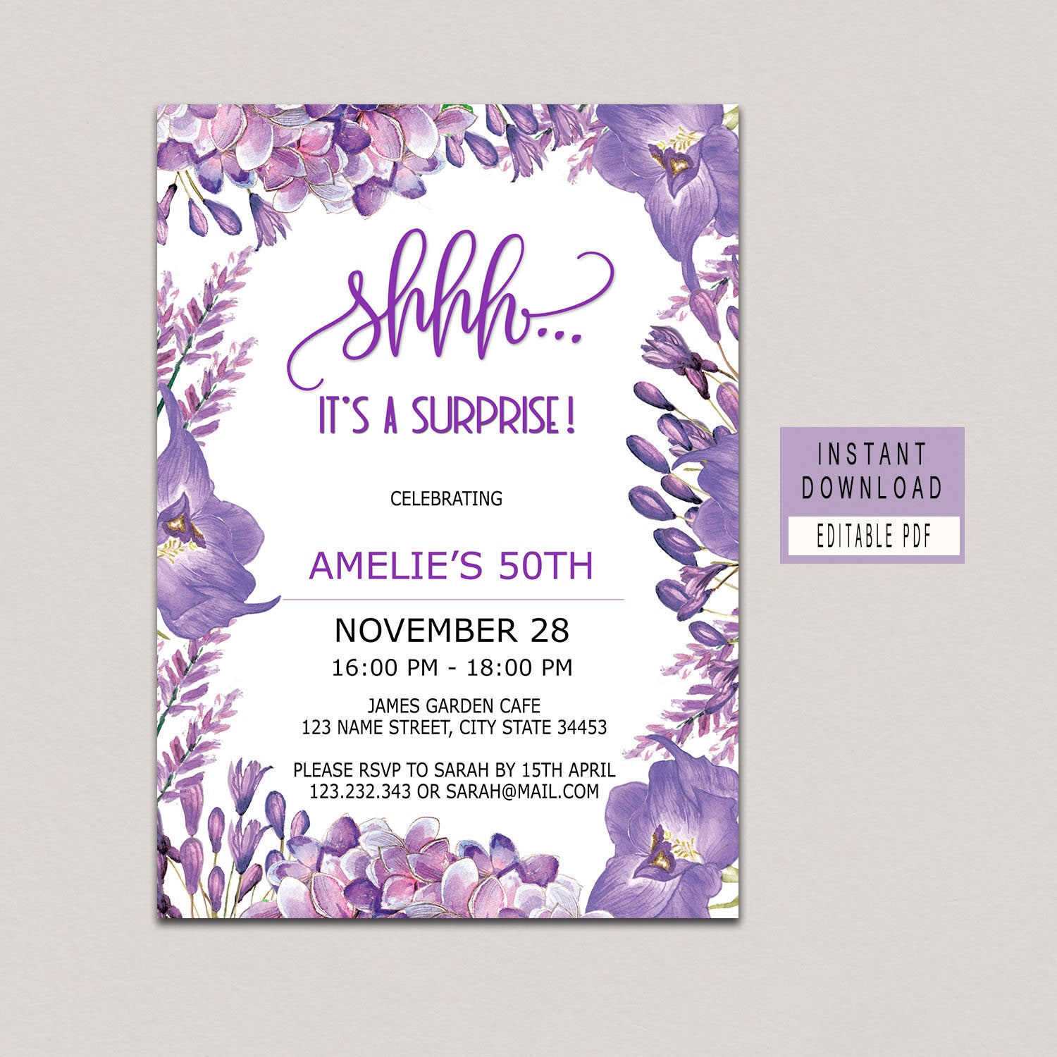 Surprise Birthday Invitation Instant Download Purple Floral Etsy throughout measurements 1500 X 1500