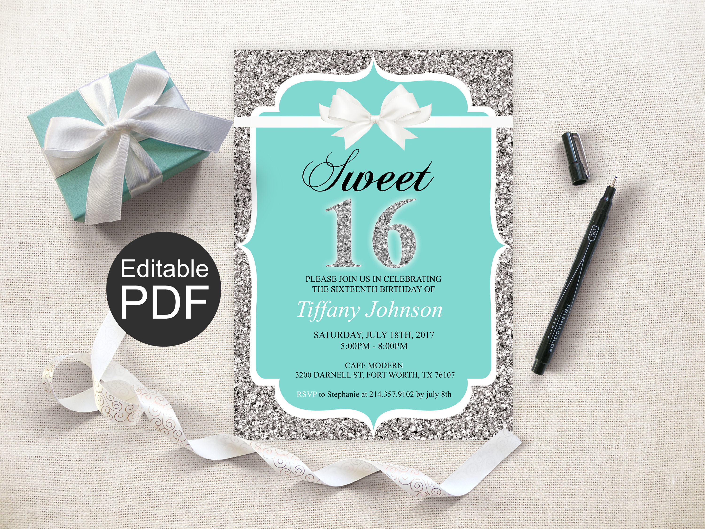 Sweet 16 Invitation Template Blue Sweet Sixteen Invites Etsy with regard to proportions 3000 X 2250