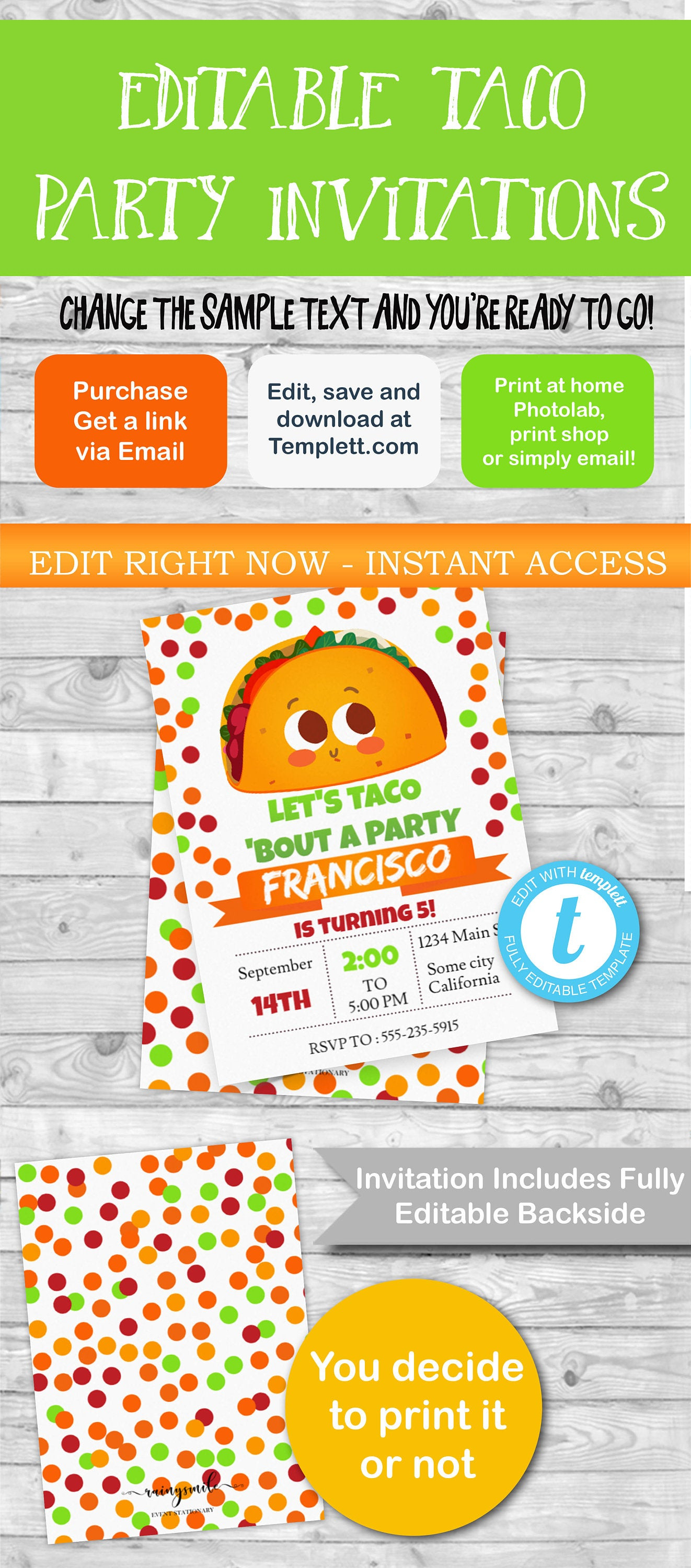 Taco Invitation Template Editable Taco Party Invitation Taco Etsy for size 1322 X 3000