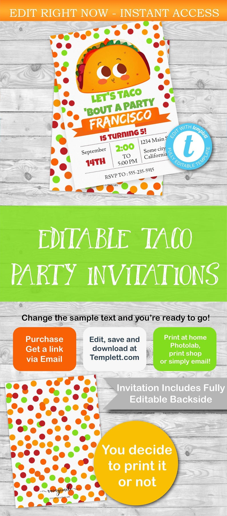 Taco Invitation Template Editable Taco Party Invitation Taco Etsy inside sizing 794 X 1802