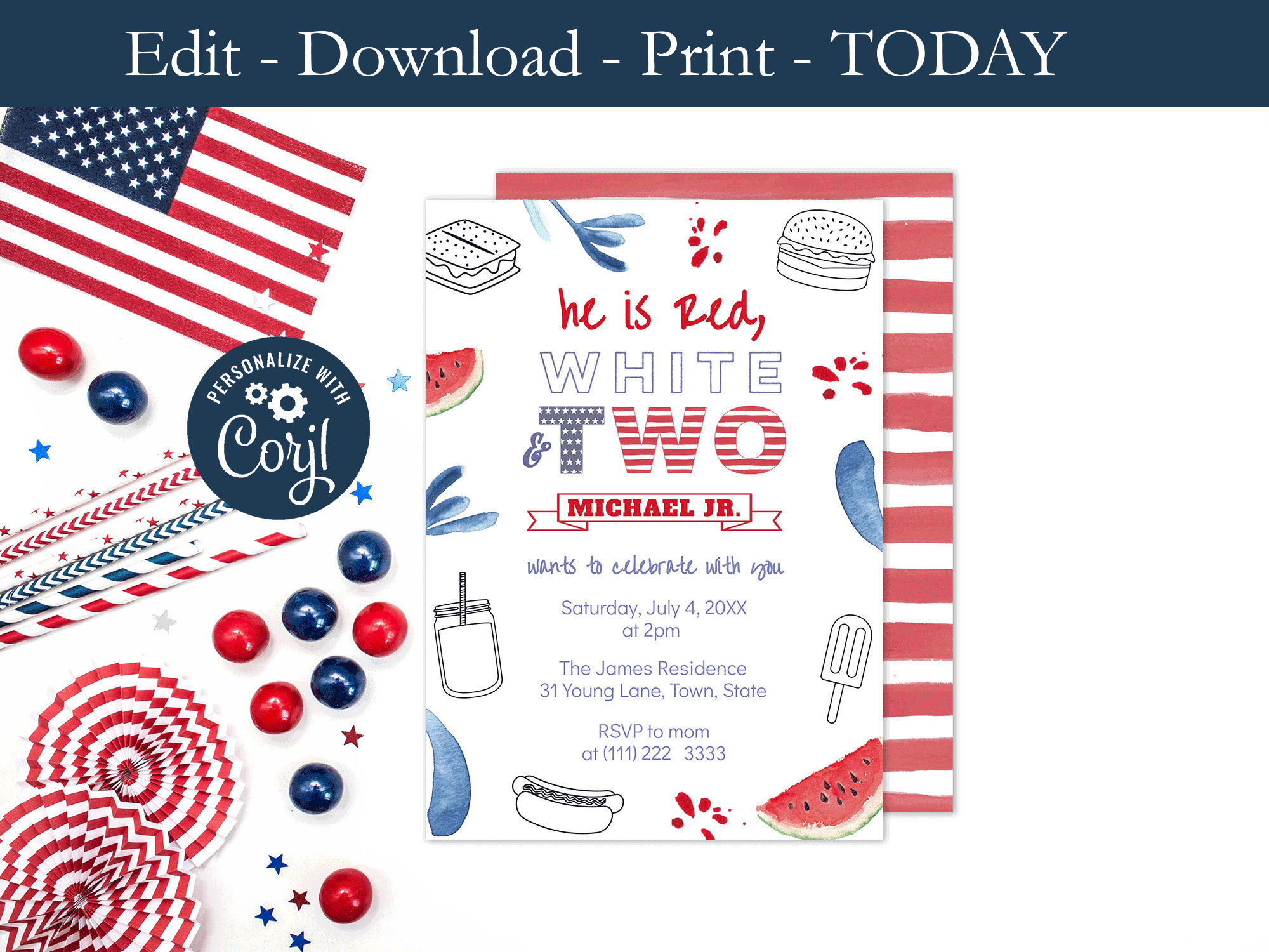 Template Red White Blue Two Invites July 4th Birthday Etsy regarding proportions 2000 X 1500