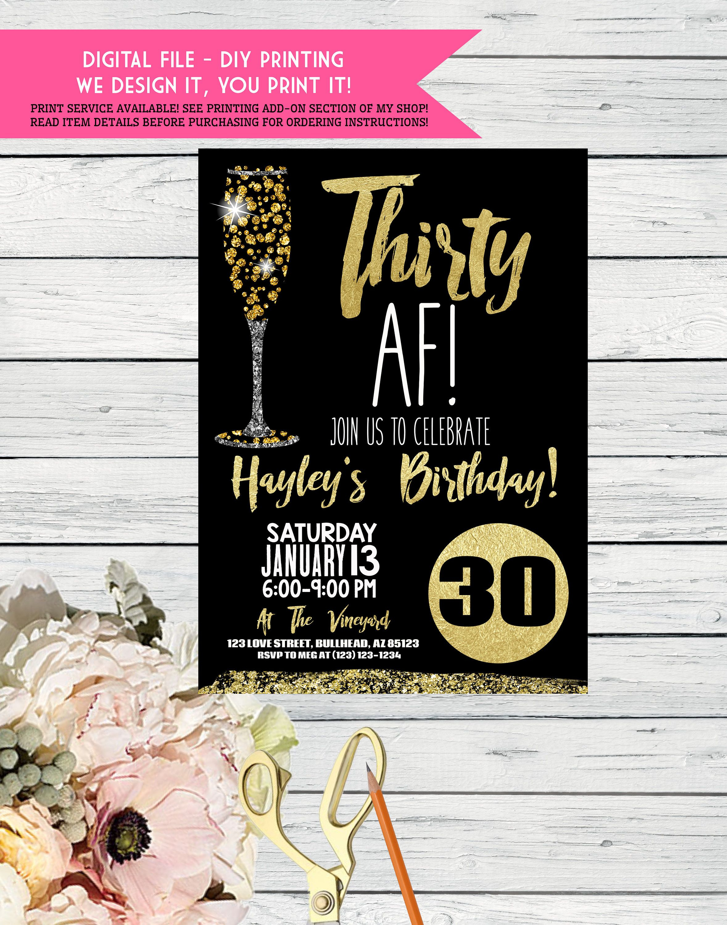 Thirty Af 30th Birthday Invitation Black And Gold With Champagne for measurements 2357 X 3000