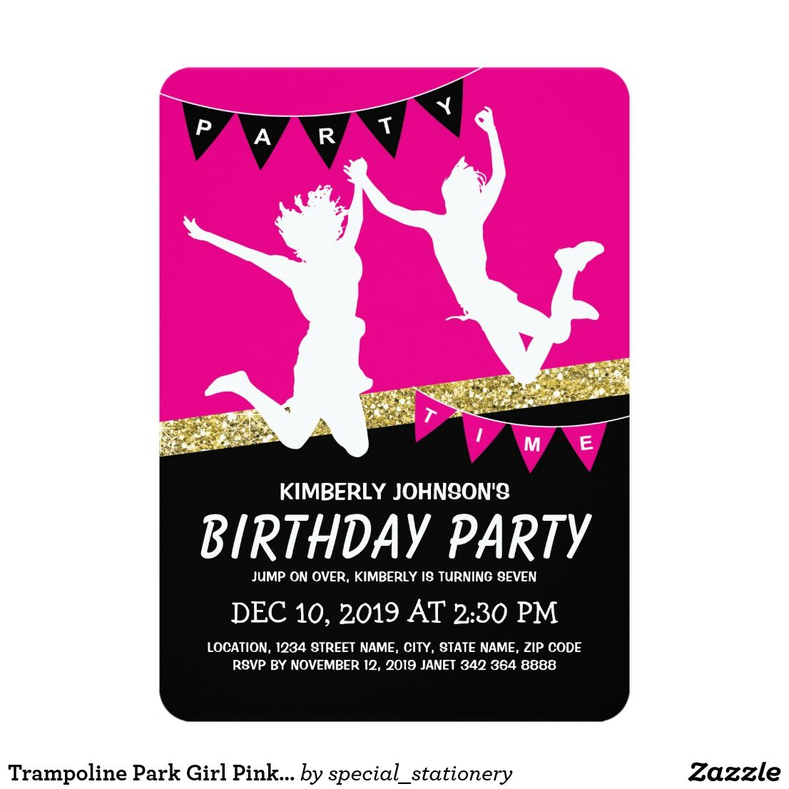 Trampoline Park Girl Pink Kids Birthday Party Invitation Zazzle inside proportions 1106 X 1106