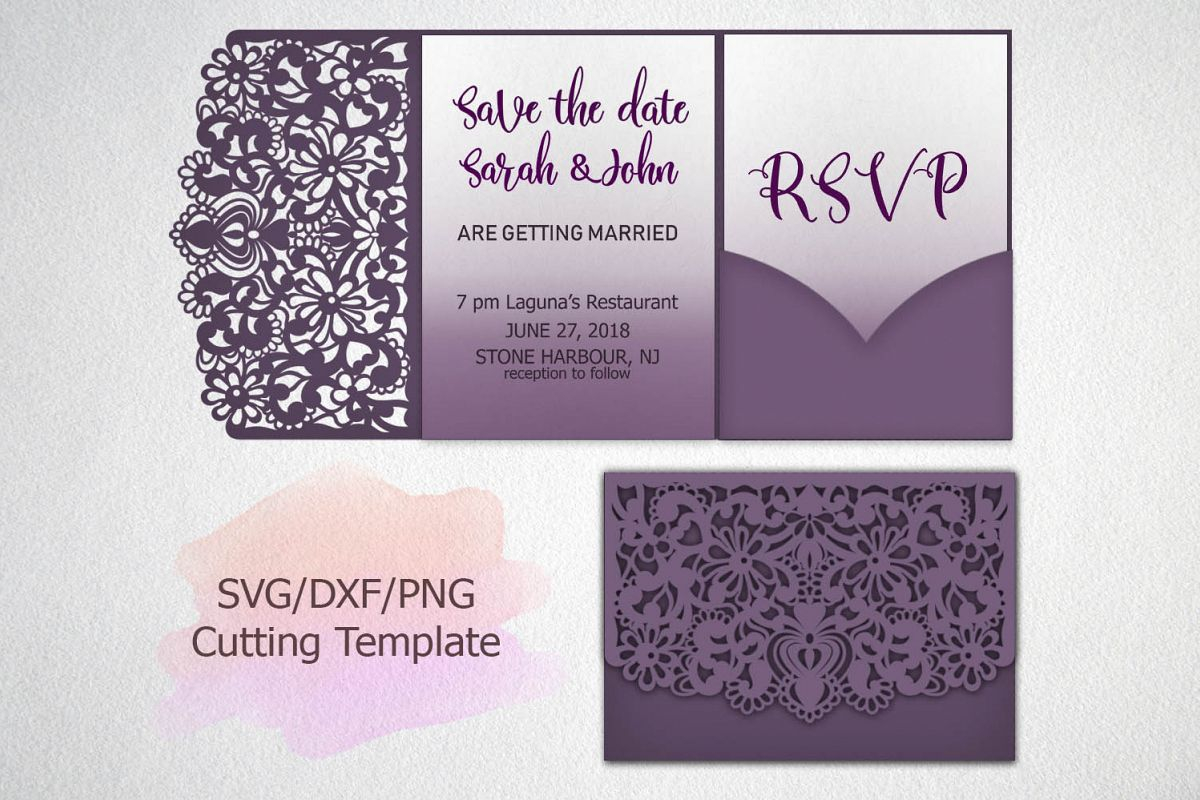 Tri Fold Wedding Invitation Lace Pocket Envelope Svg Dxf Cut with proportions 1200 X 800