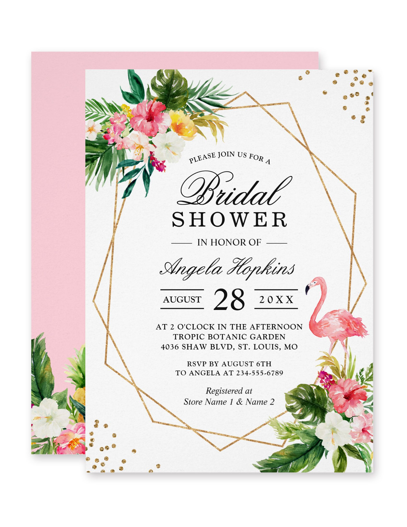 Tropical Floral Gold Frame Flamingo Bridal Shower Invitation pertaining to size 1700 X 2200