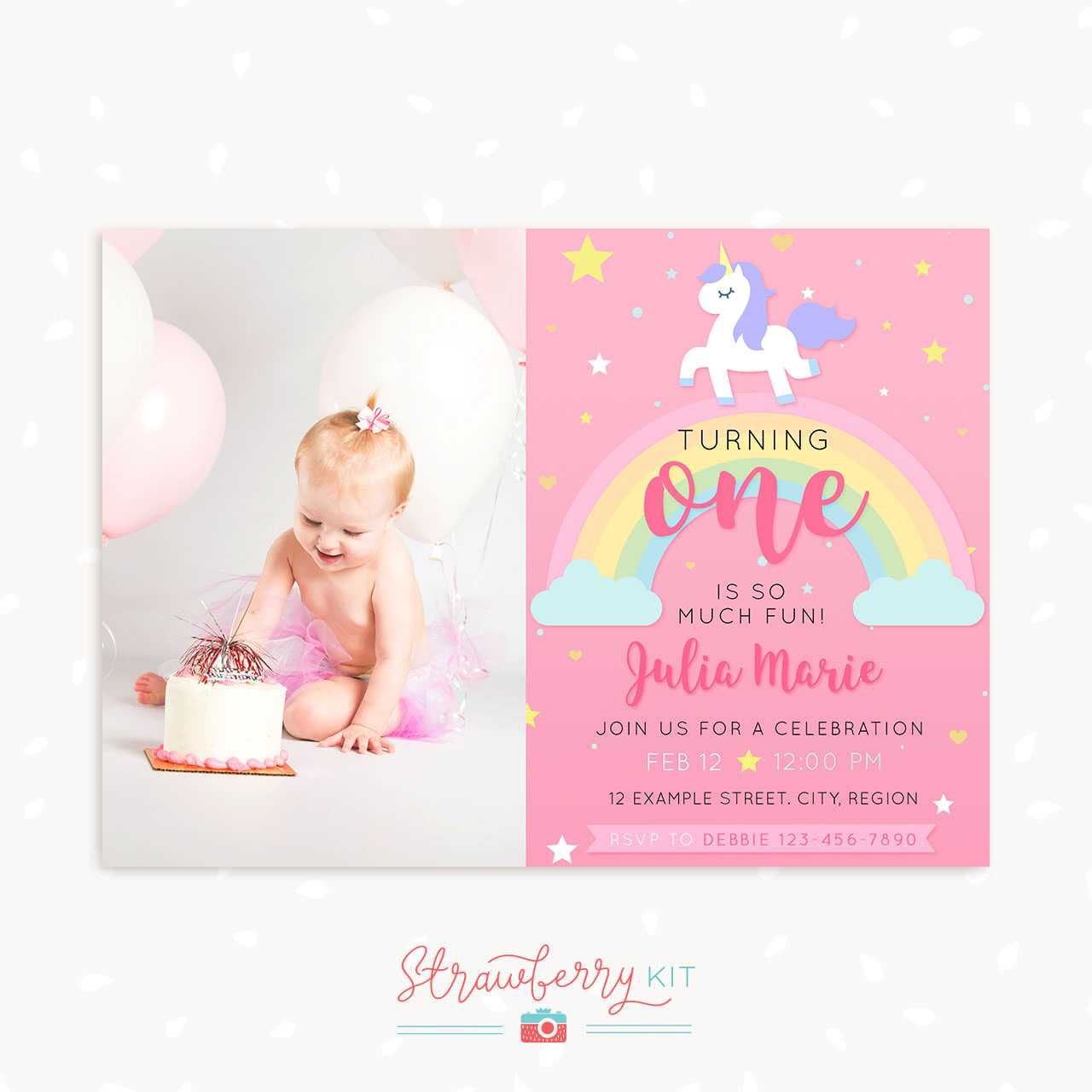 Unicorn First Birthday Invitation Template With Photo Strawberry Kit in dimensions 1280 X 1280