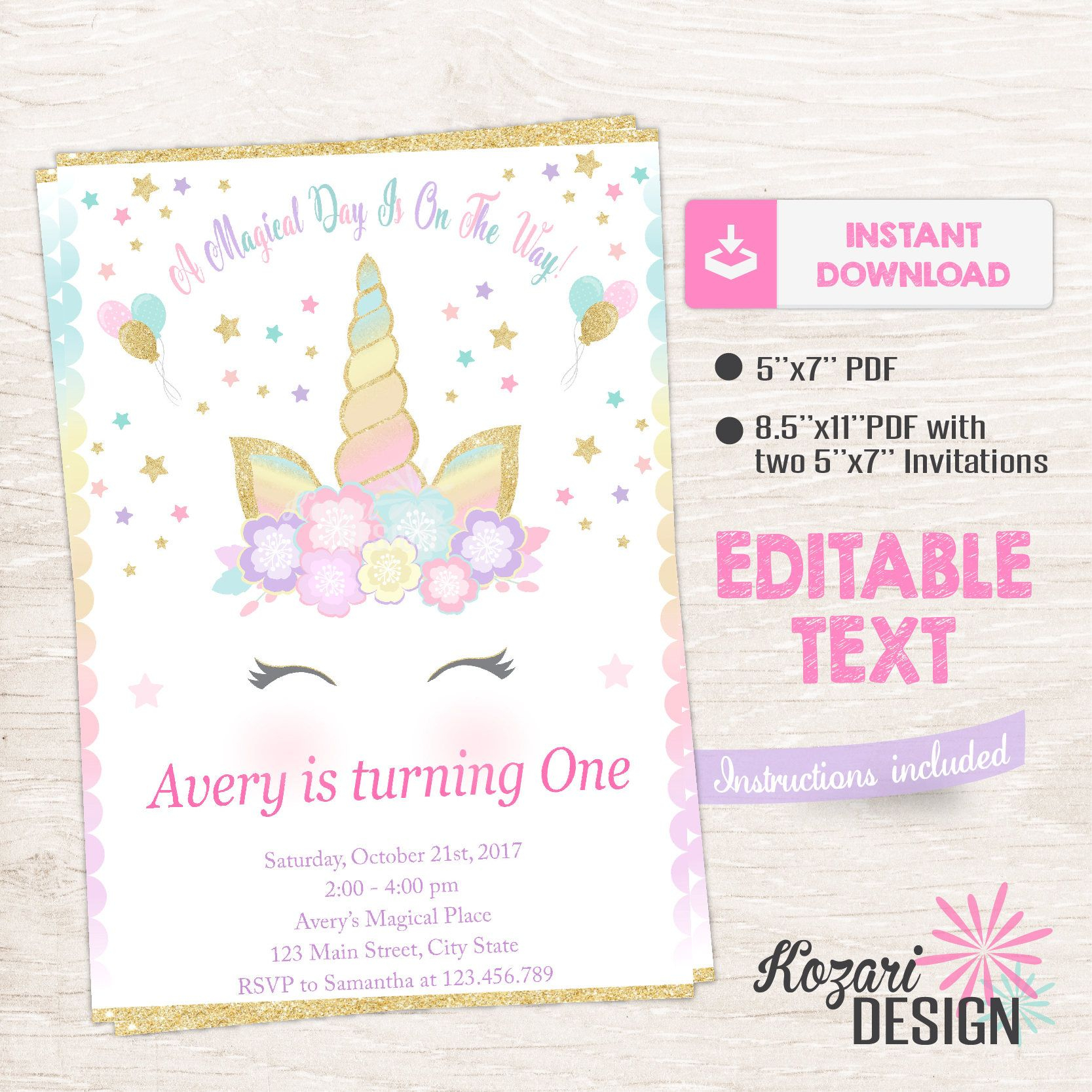 Unicorn Invitation Magical Birthday Invitation Unicorn Editable inside size 1667 X 1667