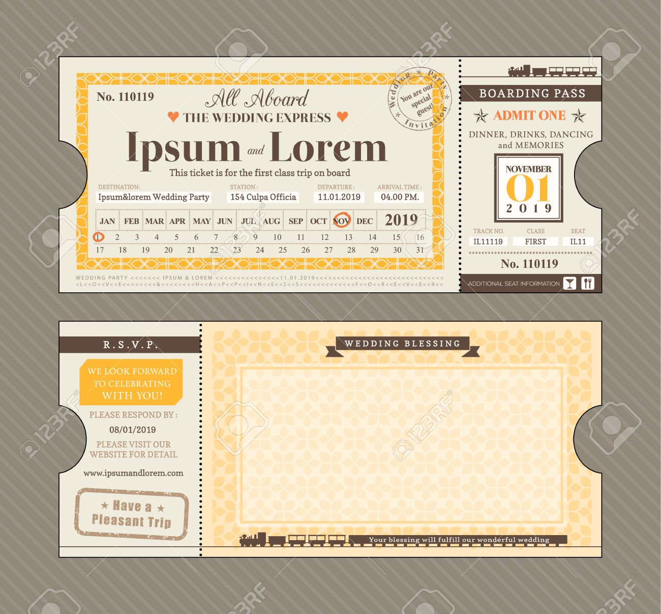 Vector Train Ticket Wedding Invitation Design Template Royalty Free with measurements 1300 X 1206