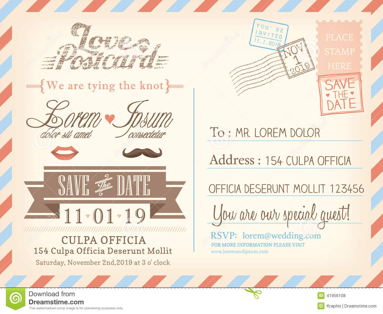 Vintage Airmail Postcard Background Template For Wedding Invitation in sizing 1300 X 1065