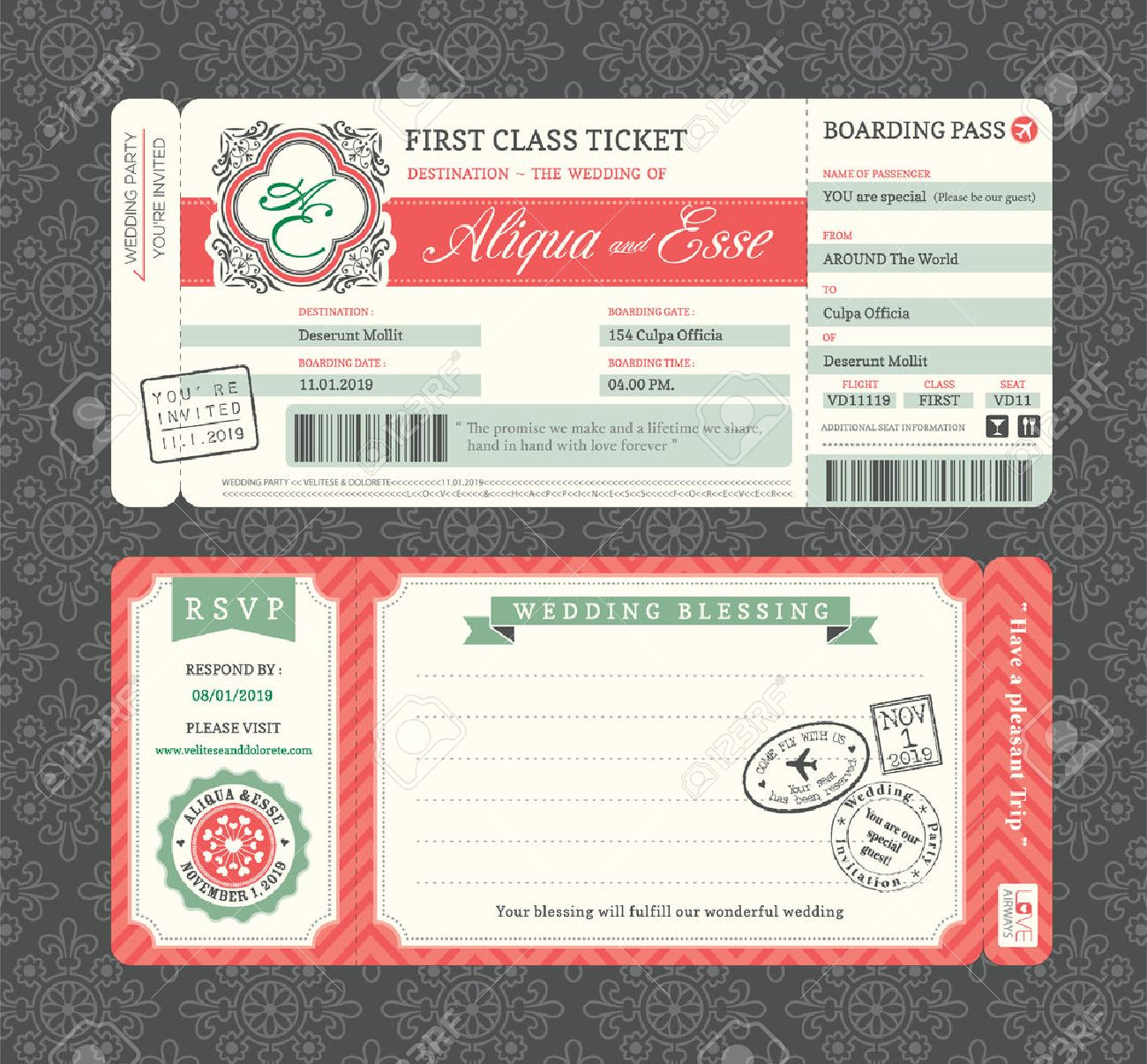 Vintage Boarding Pass Ticket Wedding Invitation Template Royalty inside proportions 1300 X 1206