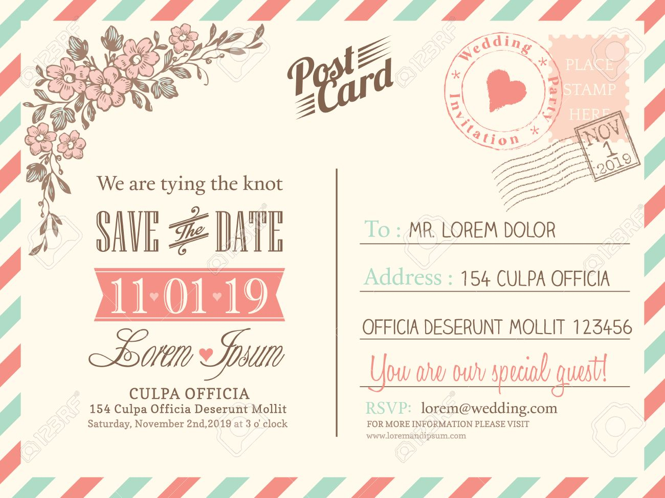 Vintage Postcard Background Vector Template For Wedding Invitation pertaining to measurements 1300 X 975