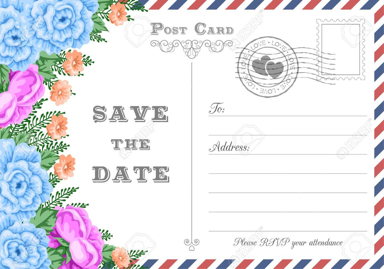 Vintage Postcard Wedding Invitation Template With Flowers Save for size 1300 X 910