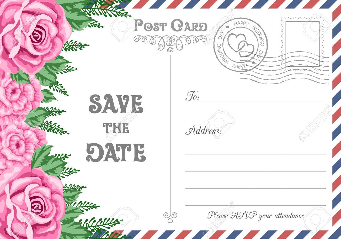 Vintage Postcard Wedding Invitation Template With Flowers Save in size 1300 X 910