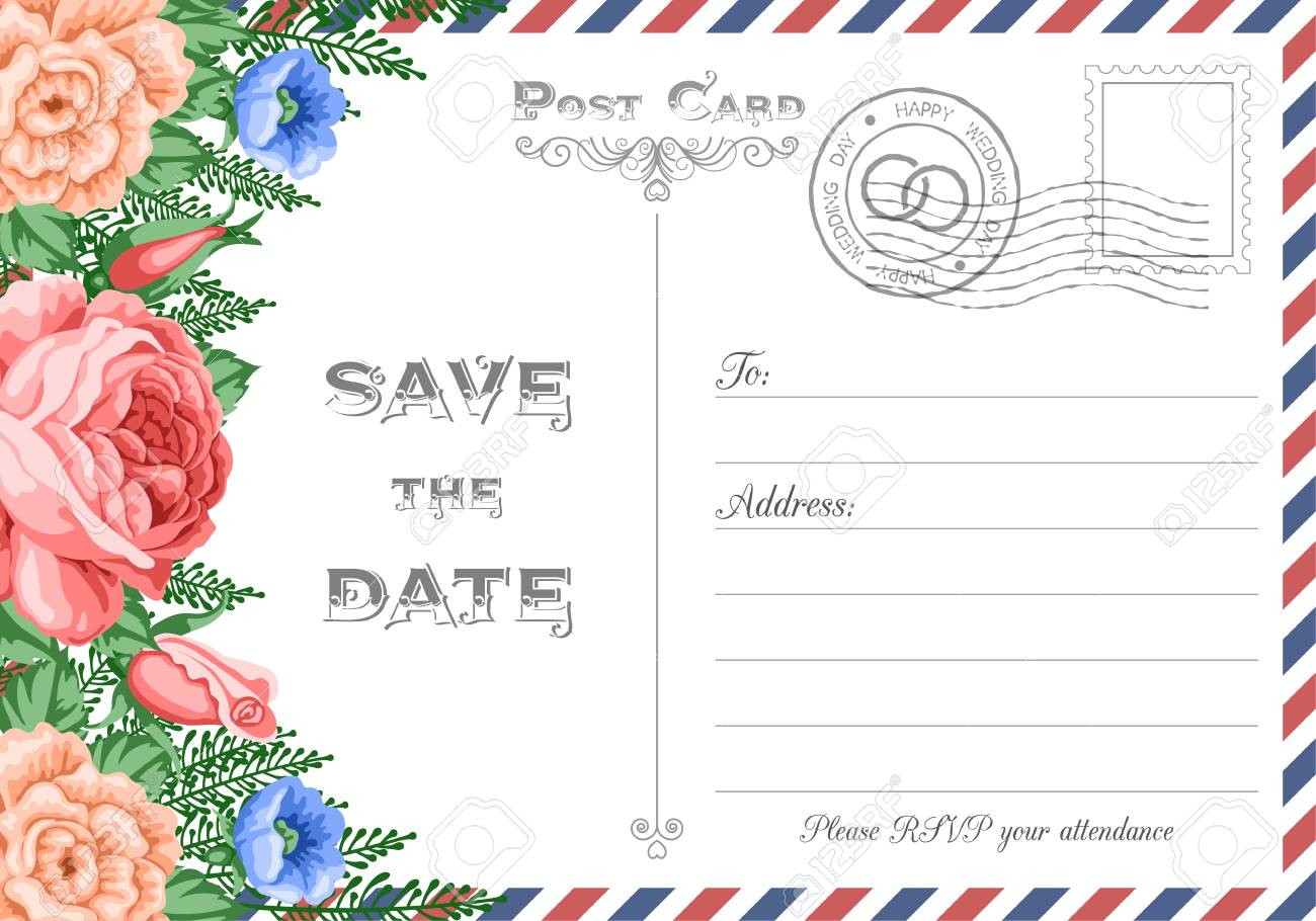 Vintage Postcard Wedding Invitation Template With Flowers Save inside dimensions 1300 X 910