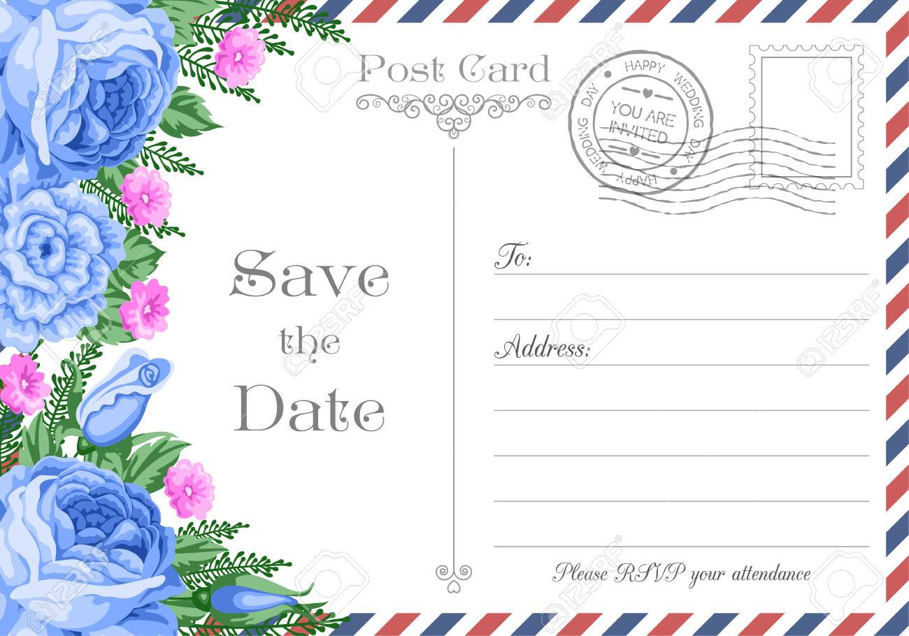 Vintage Postcard Wedding Invitation Template With Flowers Save inside size 1300 X 910