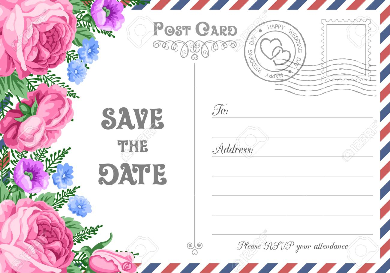 Vintage Postcard Wedding Invitation Template With Flowers Save with measurements 1300 X 910