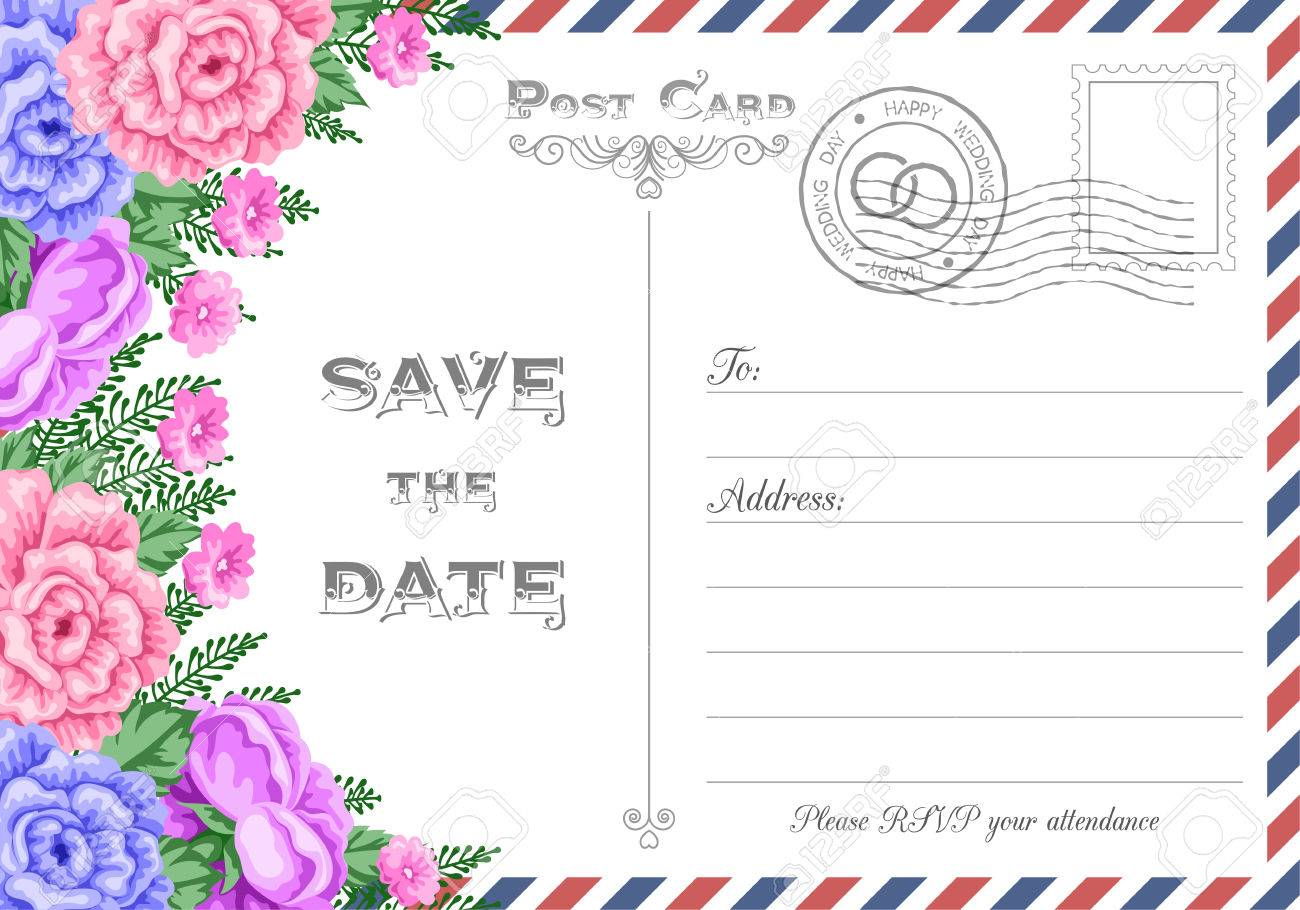 Vintage Postcard Wedding Invitation Template With Flowers Save with regard to sizing 1300 X 910