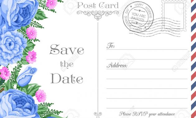 Vintage Postcard Wedding Invitation Template With Flowers Save with size 1300 X 910