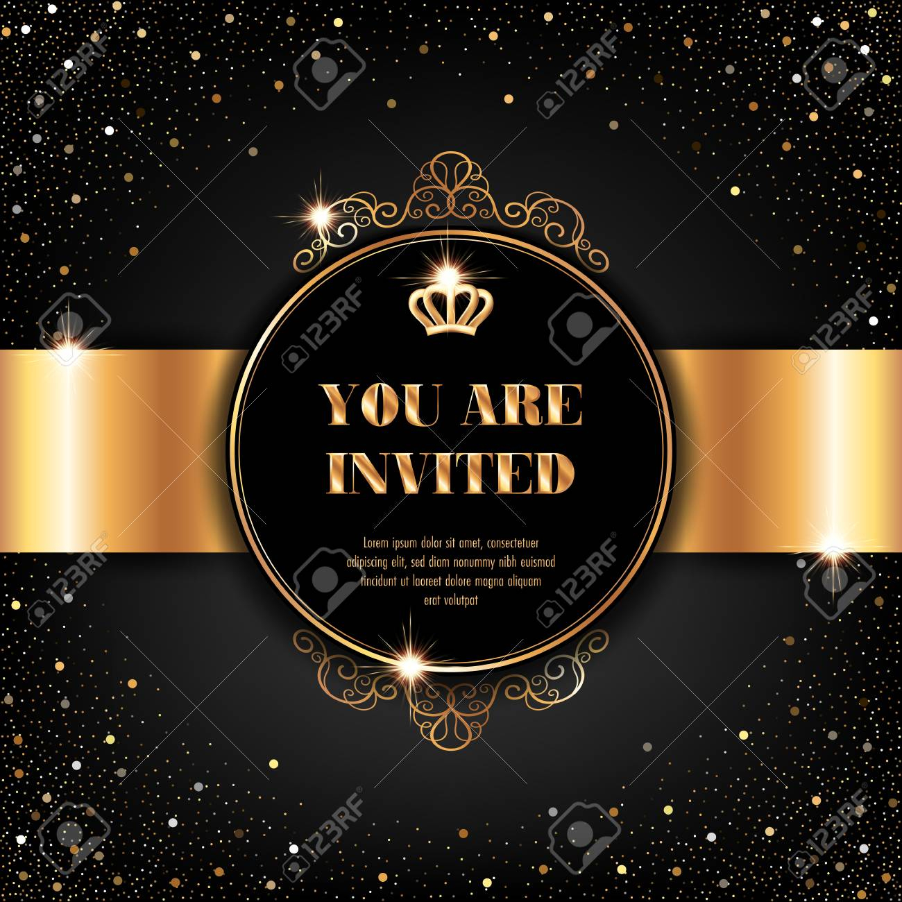 Vip Invitation Template With Golden Crown And Sparkling Confetti with proportions 1300 X 1300