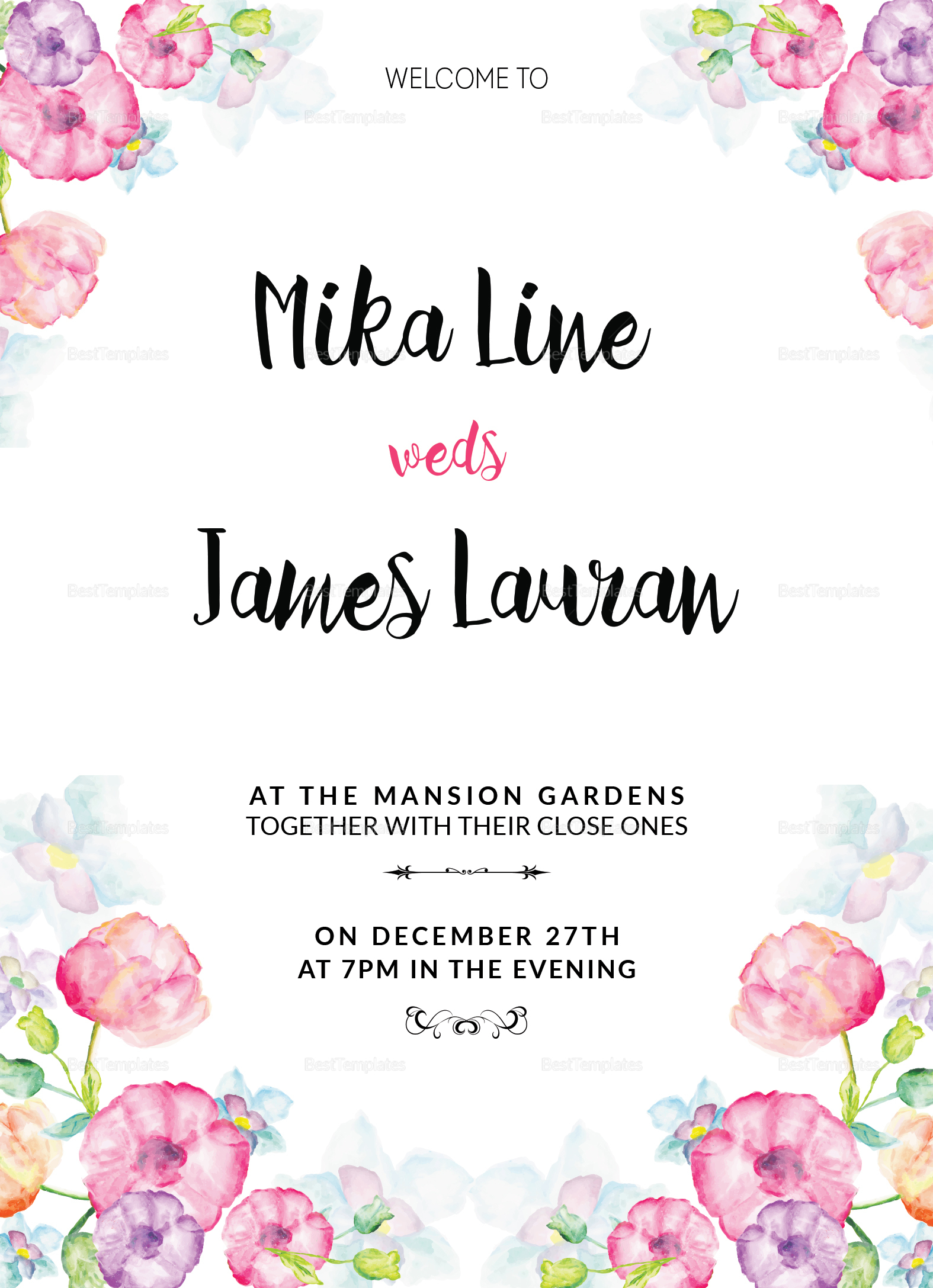 Watercolor Floral Wedding Invitation Design Template In Word Psd inside dimensions 1575 X 2175