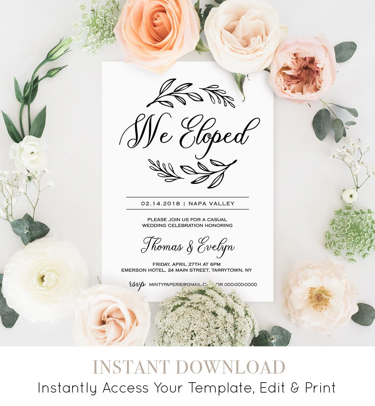 We Eloped Invitation Template Printable Elopement Announcement inside size 1200 X 1300