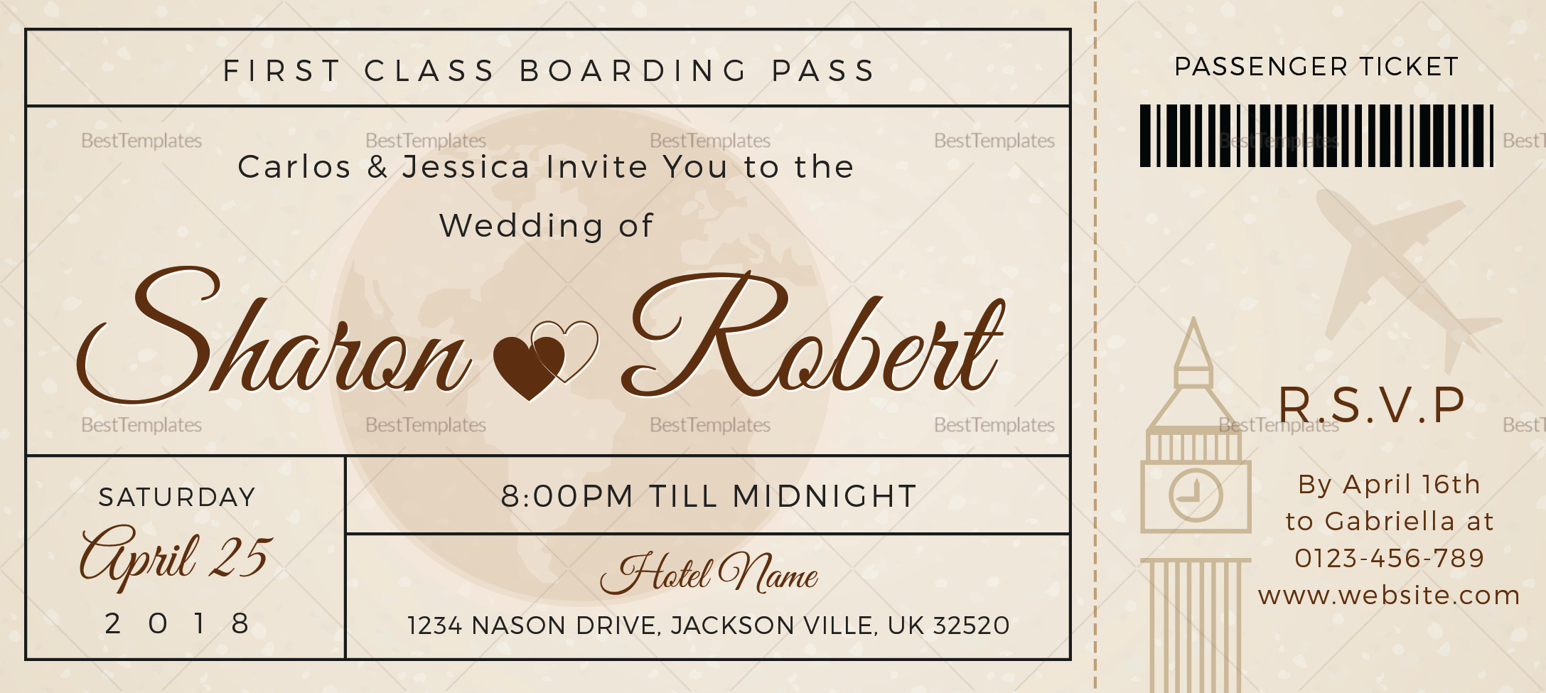 Wedding Boarding Pass Invitation Ticket Design Template In Psd Word within size 2175 X 975