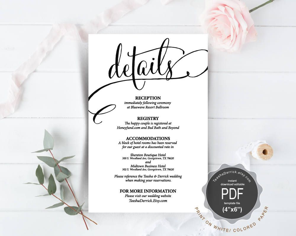 Wedding Details Card Pdf Template Instant Download Printable pertaining to measurements 1000 X 800