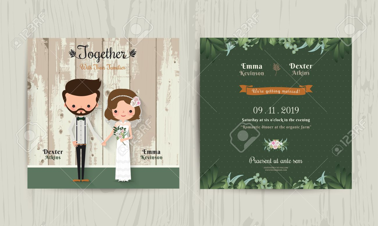 Wedding Invitation Card Cartoon Hipster Bride And Groom On Wood within measurements 1300 X 780