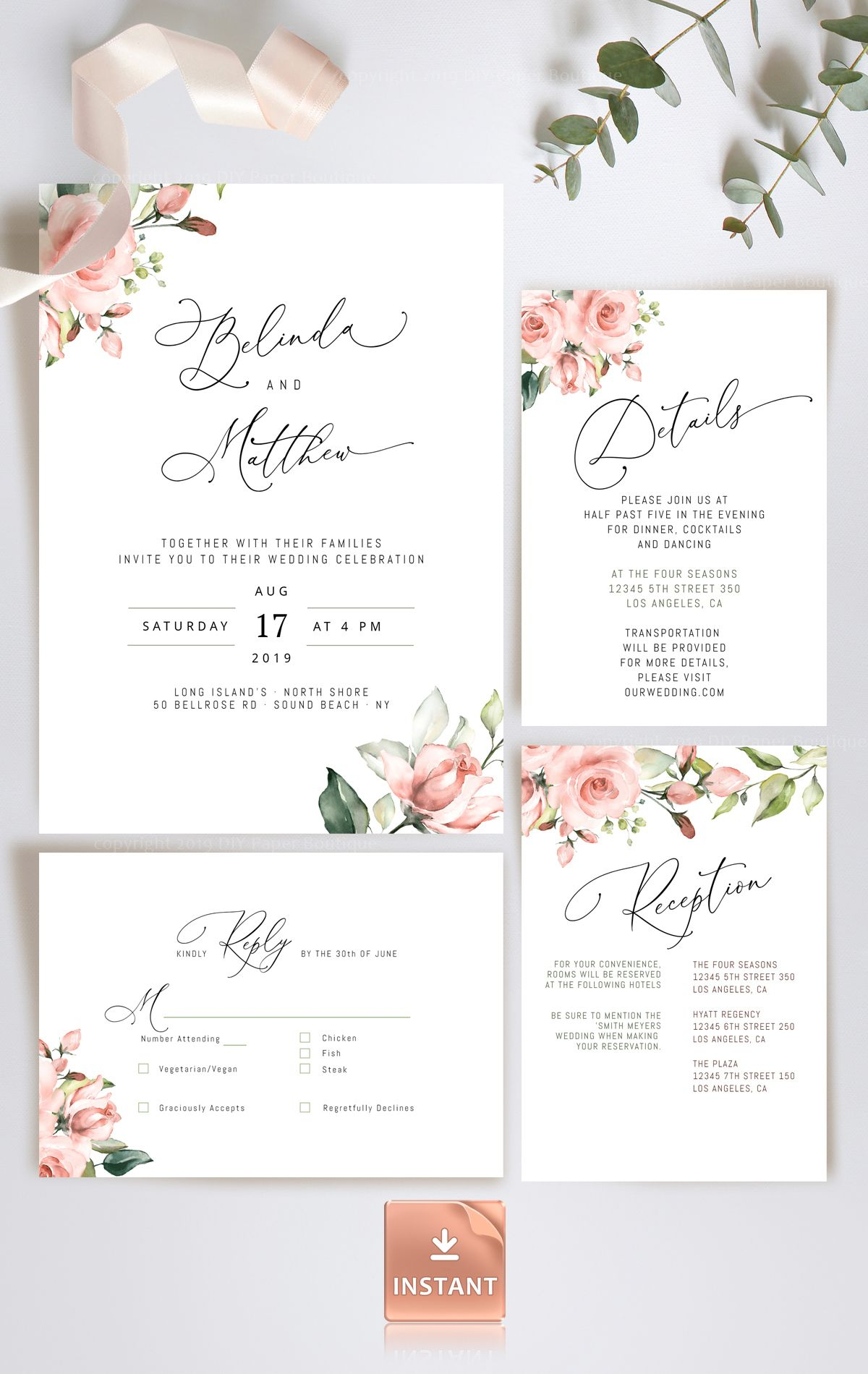 Wedding Invitation Template Kit With Roses And Greenery Instant with size 1200 X 1900