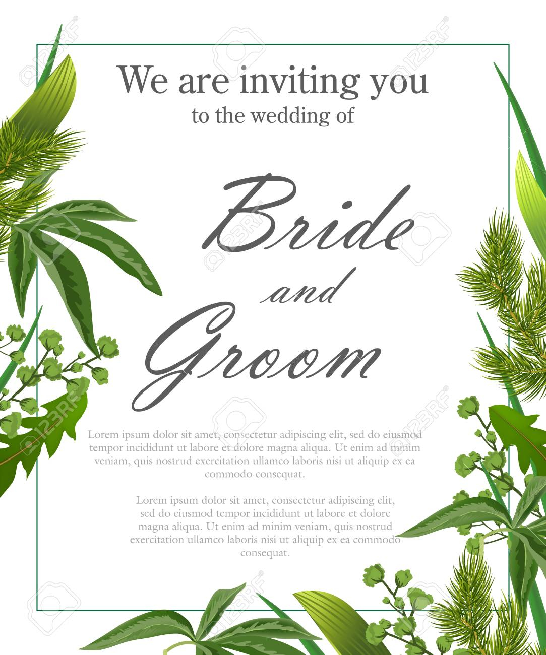 Wedding Invitation Template With Green Leaves And Fur Branches with dimensions 1083 X 1300