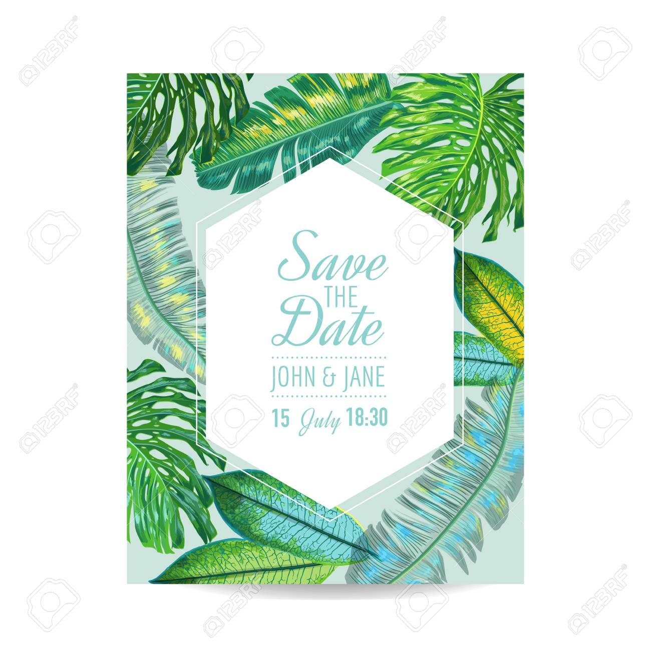 Wedding Invitation Template With Palm Leaves Tropical Save The for dimensions 1300 X 1300