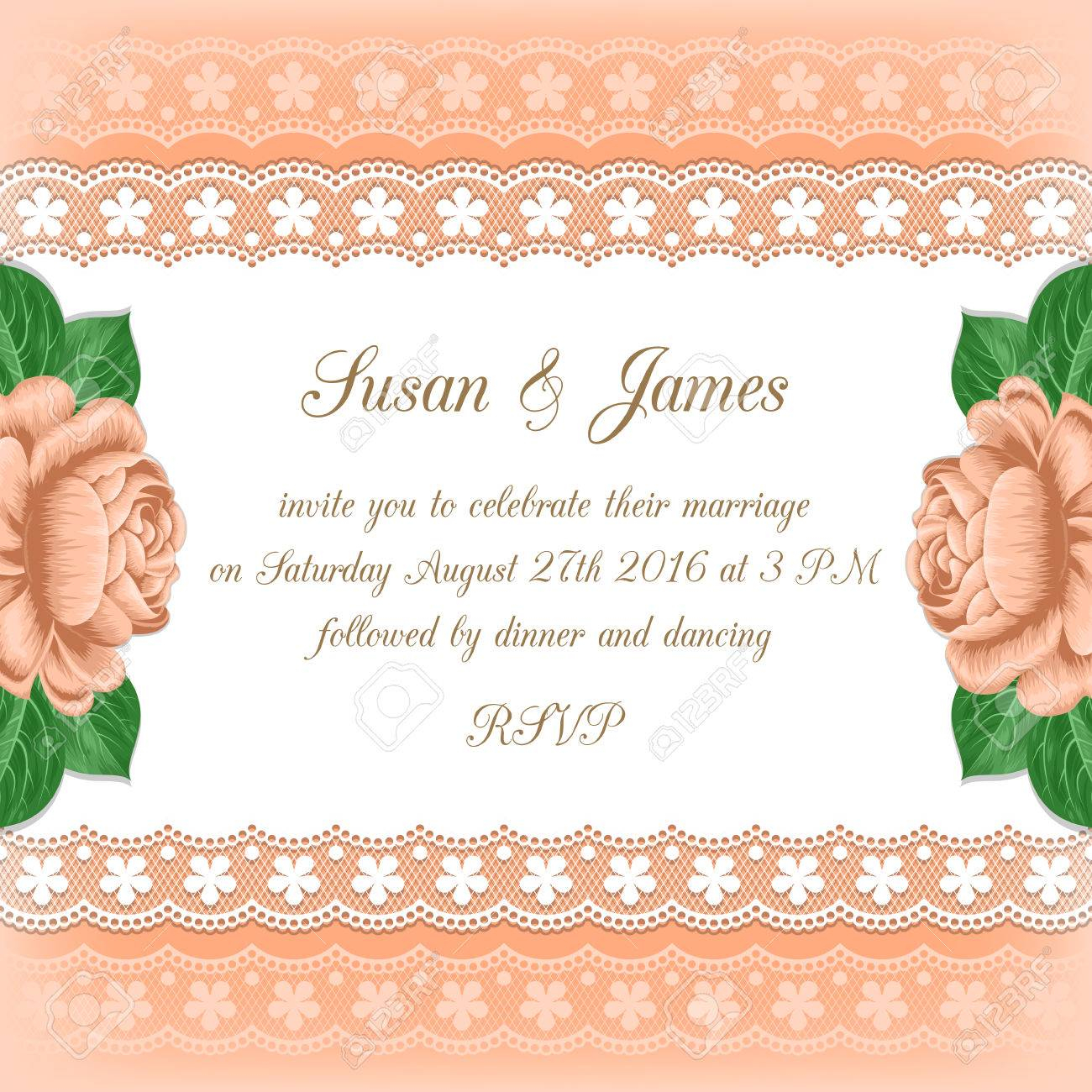 Wedding Invitation Template With Roses And Lace Frame On Pastel throughout size 1300 X 1300