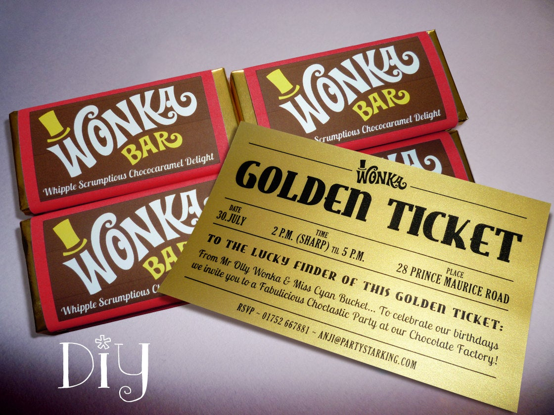 Willy Wonka Invitations Wonka Bar Golden Ticket Invitation Etsy regarding proportions 1120 X 840