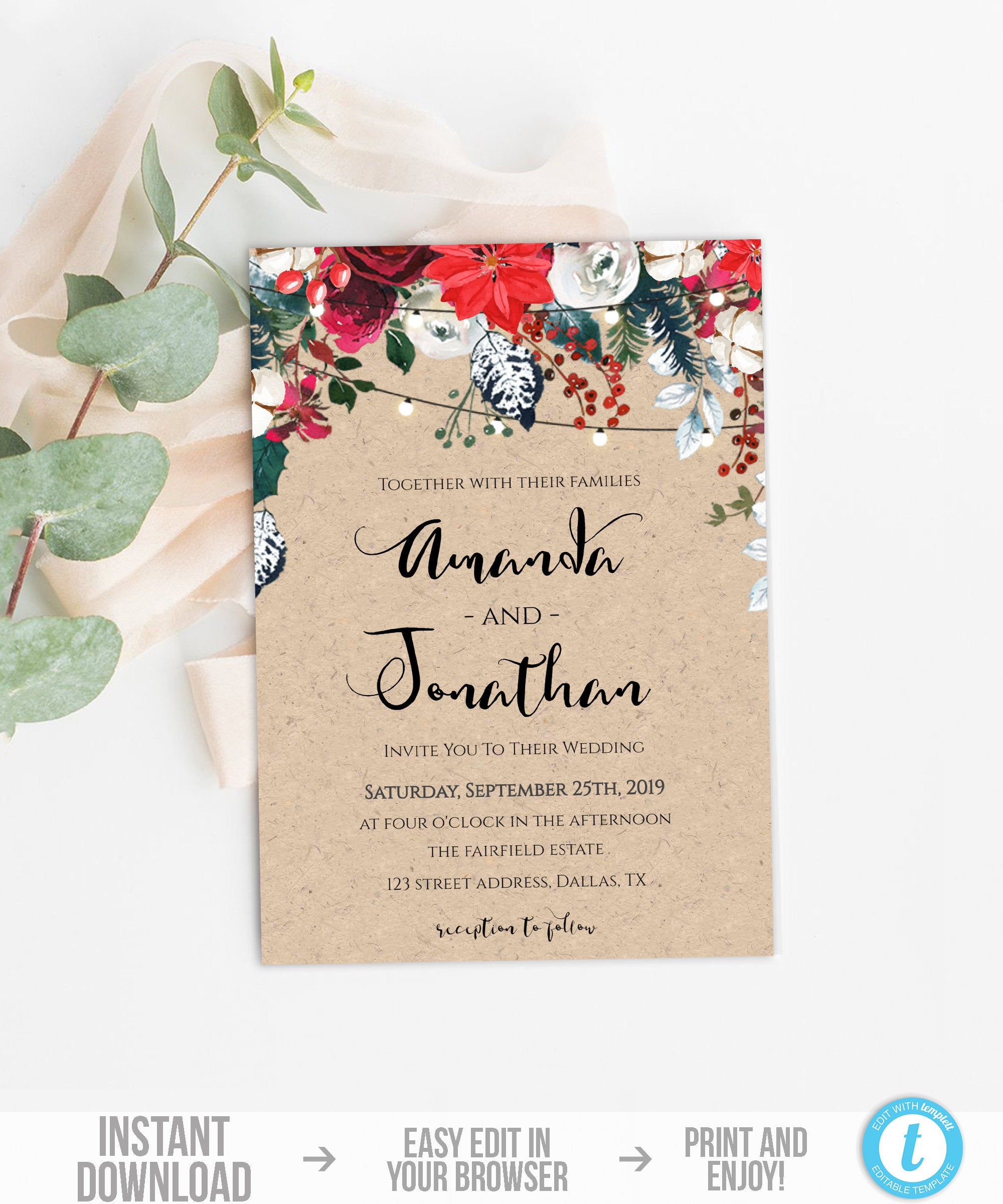 Winter Wedding Invitation Template Printable Christmas Etsy with measurements 2000 X 2400