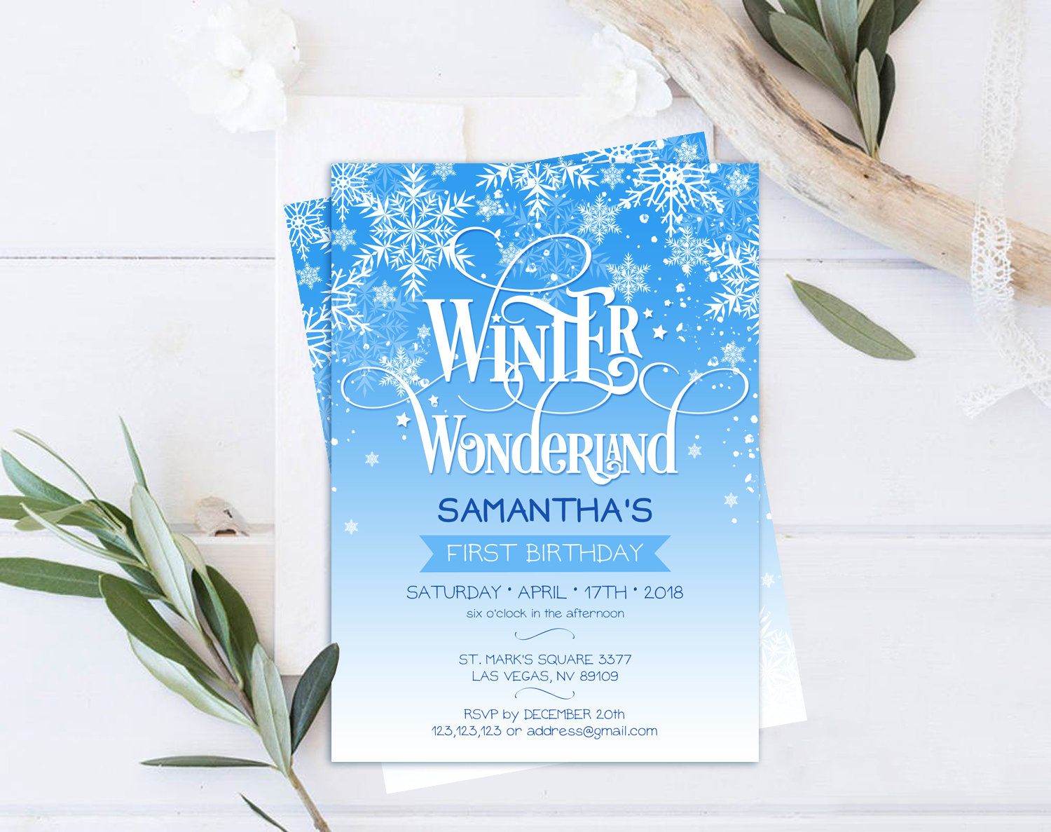 Winter Wonderland Invitation Template Blue 1st Birthday Etsy regarding proportions 1500 X 1187